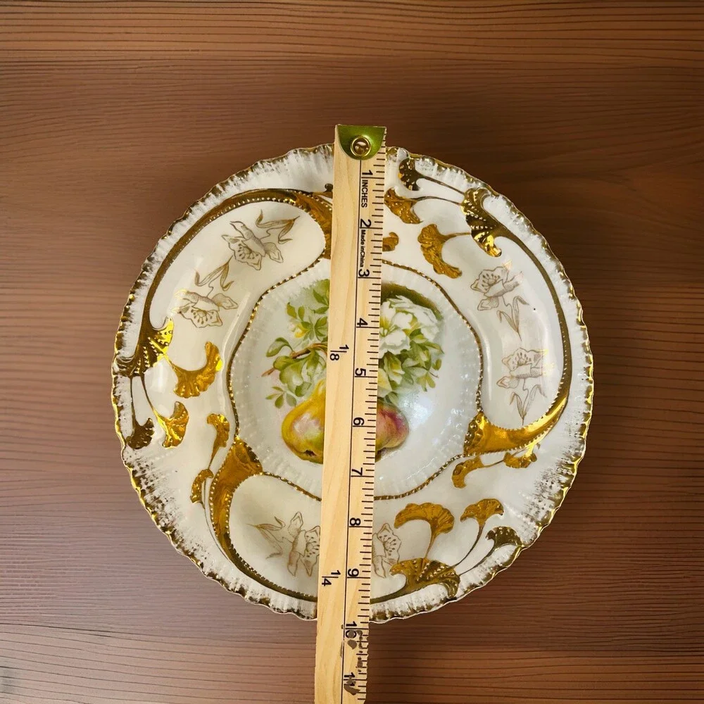 Antique Porcelain Bowl Hand Painted Pears Gold Gilt Victorian Rococo 10”
